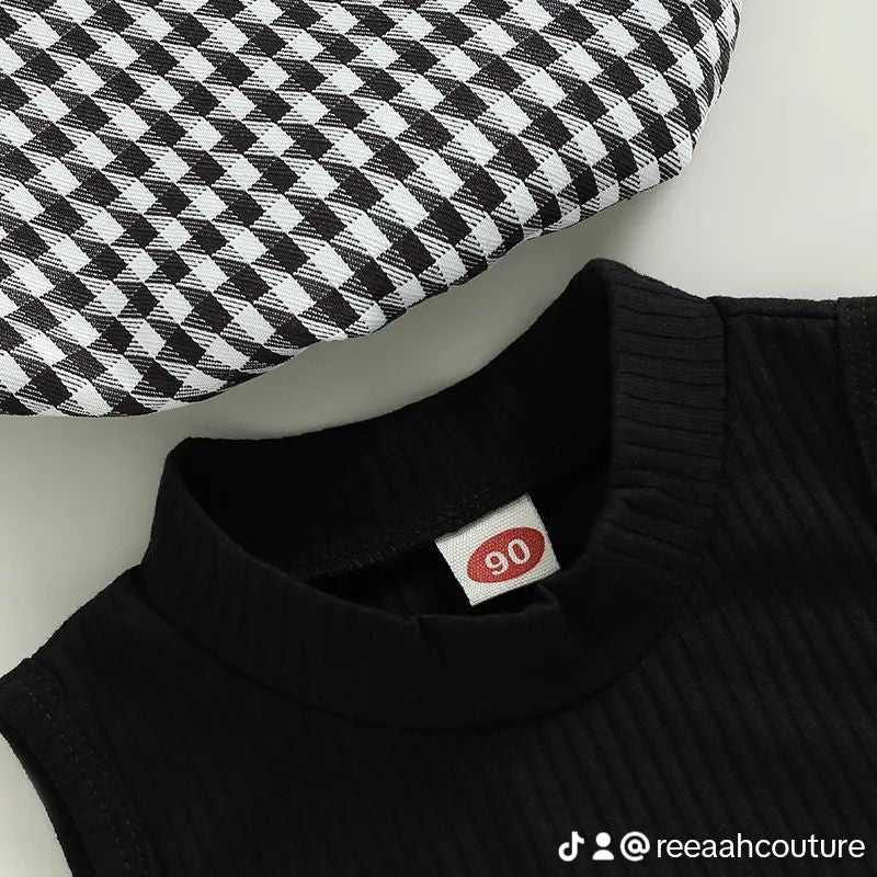 Black & White Check Skirt with black turtle neck and Hat