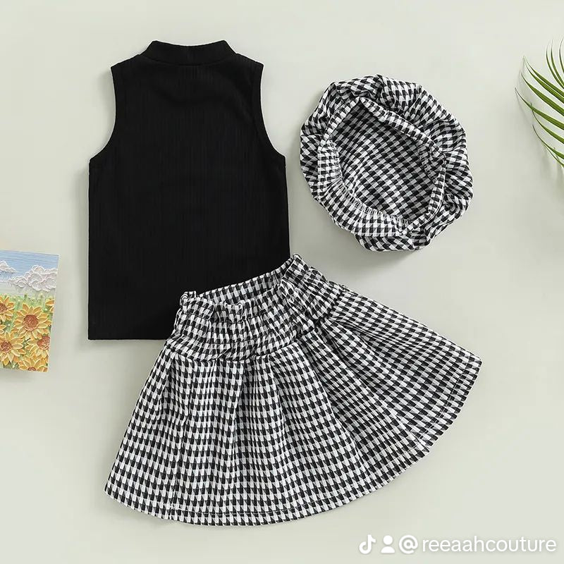 Douhoow 2Pcs Kids Girl Outfits Solid Color Sleeveless Vest+Houndstooth A-line Skirt+Hat
