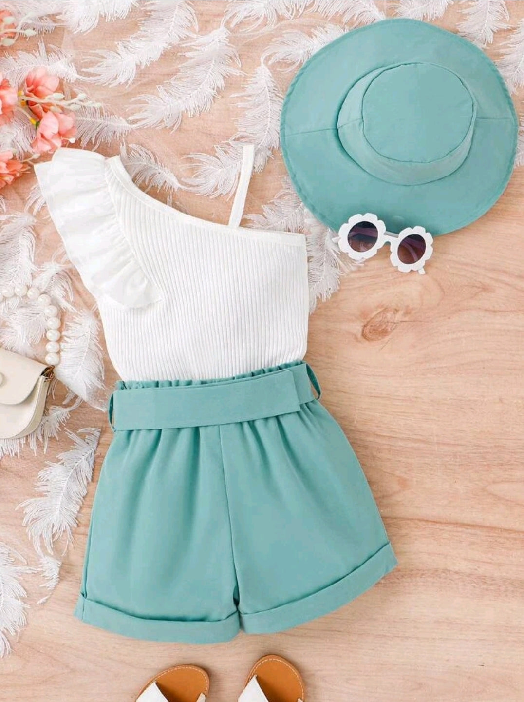 High Waist Shorts with Ruffle One Hand Top and Hat