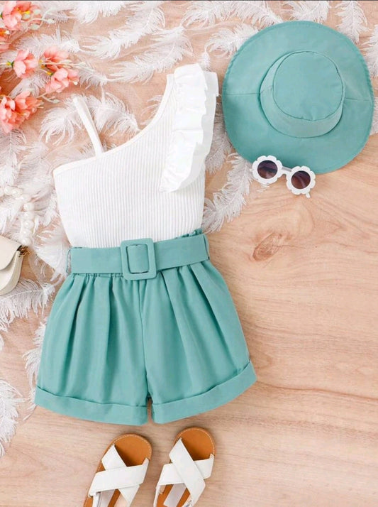 High Waist Shorts with Ruffle One Hand Top and Hat
