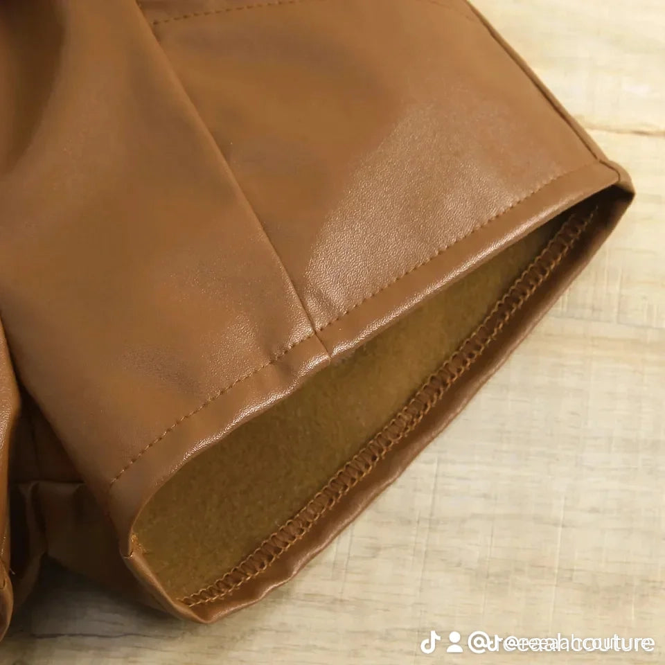 Brown Leather Shorts with Fur Top