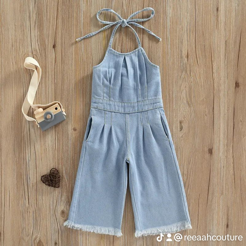 Criss Cross Open Back Denim Jumpsuit
