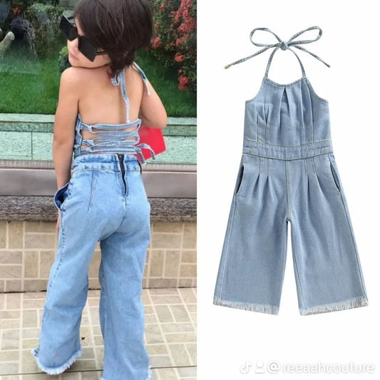 Criss Cross Open Back Denim Jumpsuit