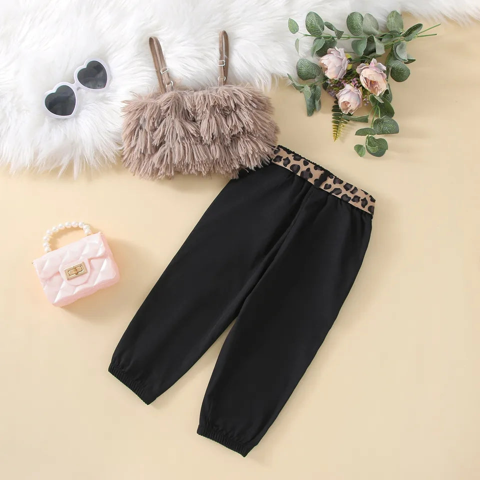 Leopard Fur Top and Bag with Black Pants
