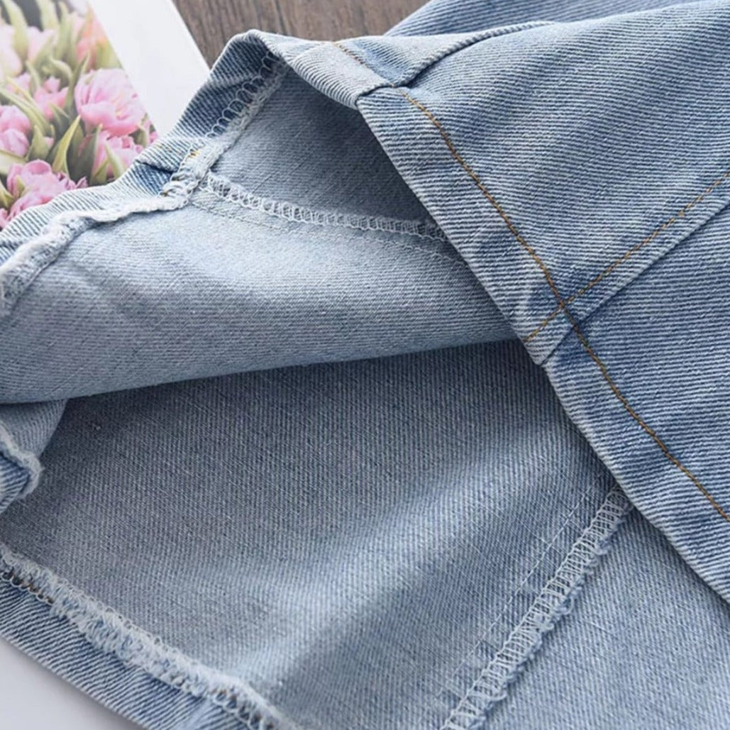 Denim Button Up Dress with Lace Sleeves