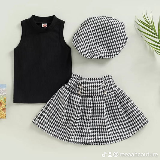 Black & White Check Skirt with black turtle neck and Hat