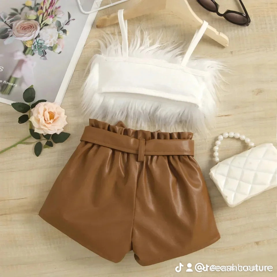 Brown Leather Shorts with Fur Top