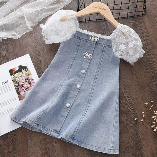 Denim Button Up Dress with Lace Sleeves