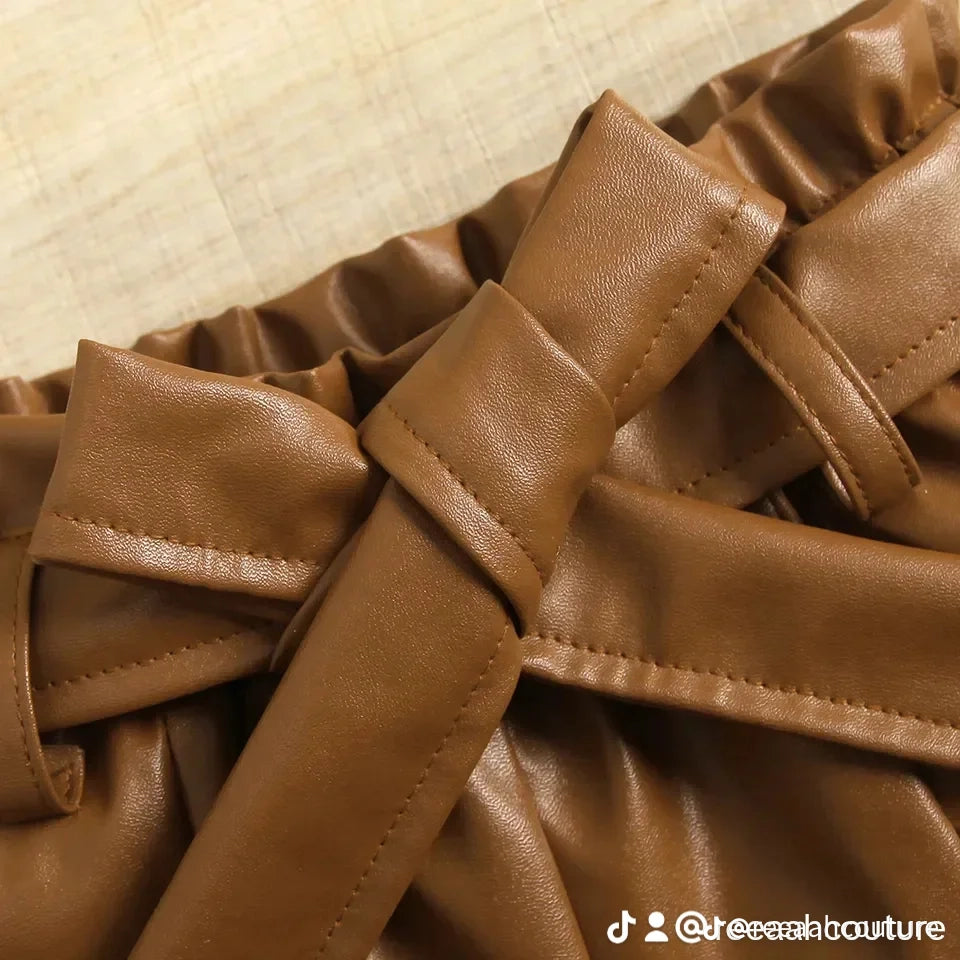 Brown Leather Shorts with Fur Top