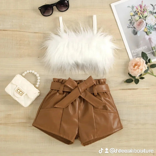 Brown Leather Shorts with Fur Top