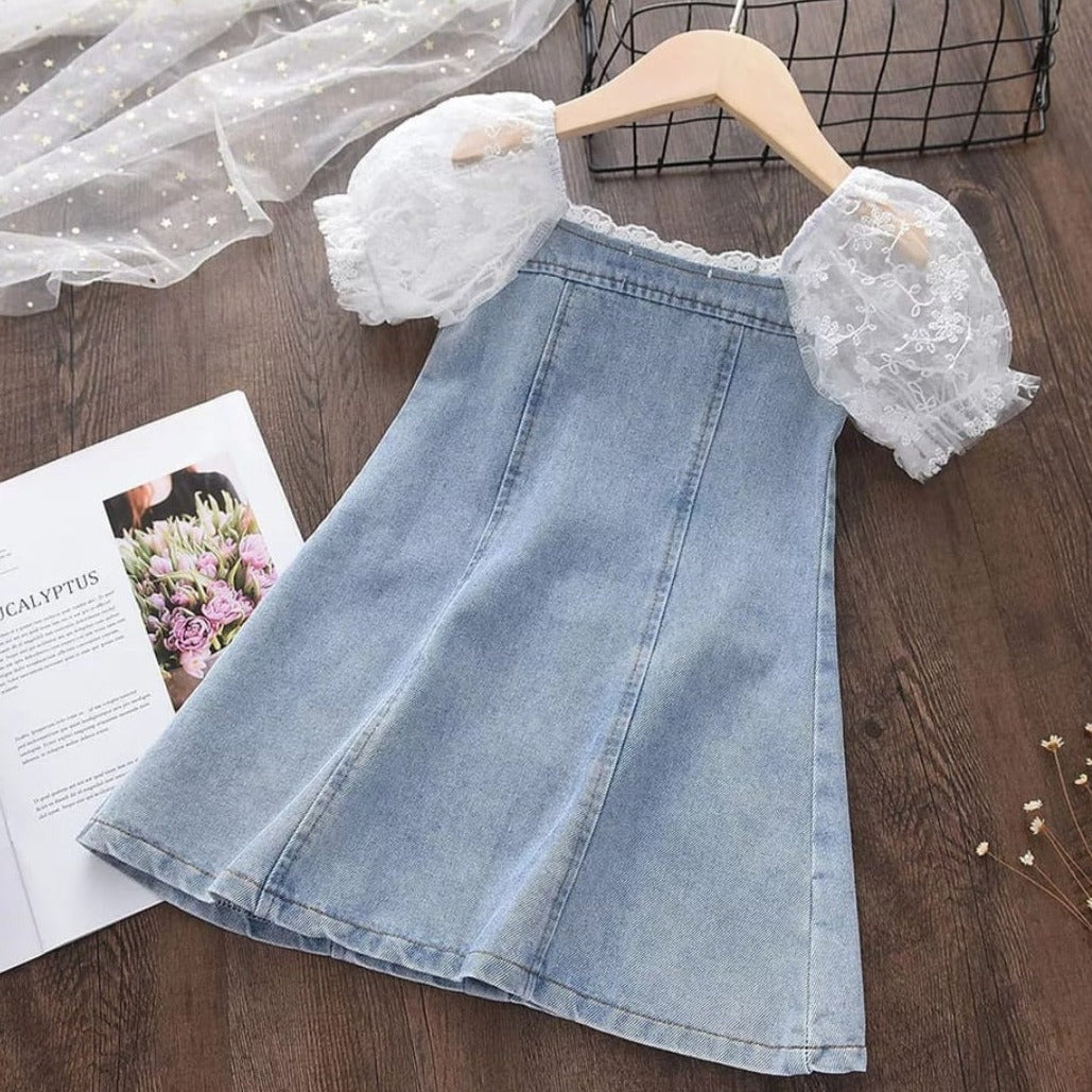 Denim Button Up Dress with Lace Sleeves