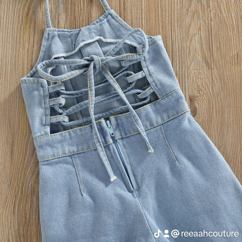 Criss Cross Open Back Denim Jumpsuit