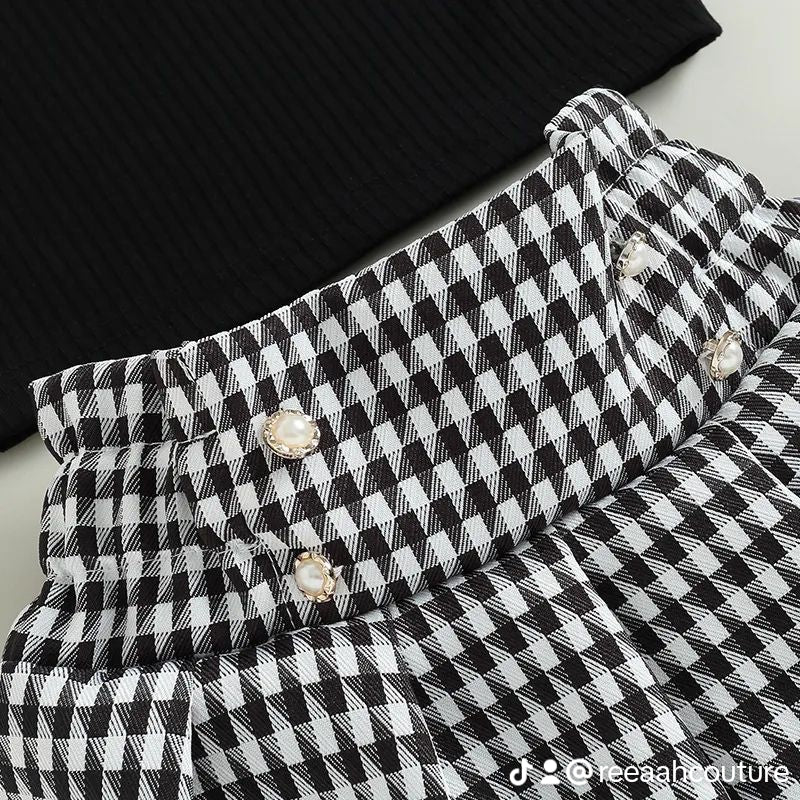 Black & White Check Skirt with black turtle neck and Hat
